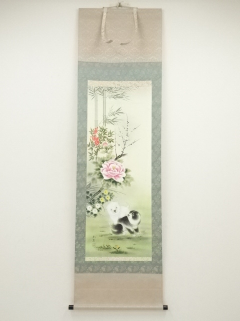 JAPANESE WALL HANGING SCROLL / HAND PAINTED / PUPPIES / ARTIST WORK